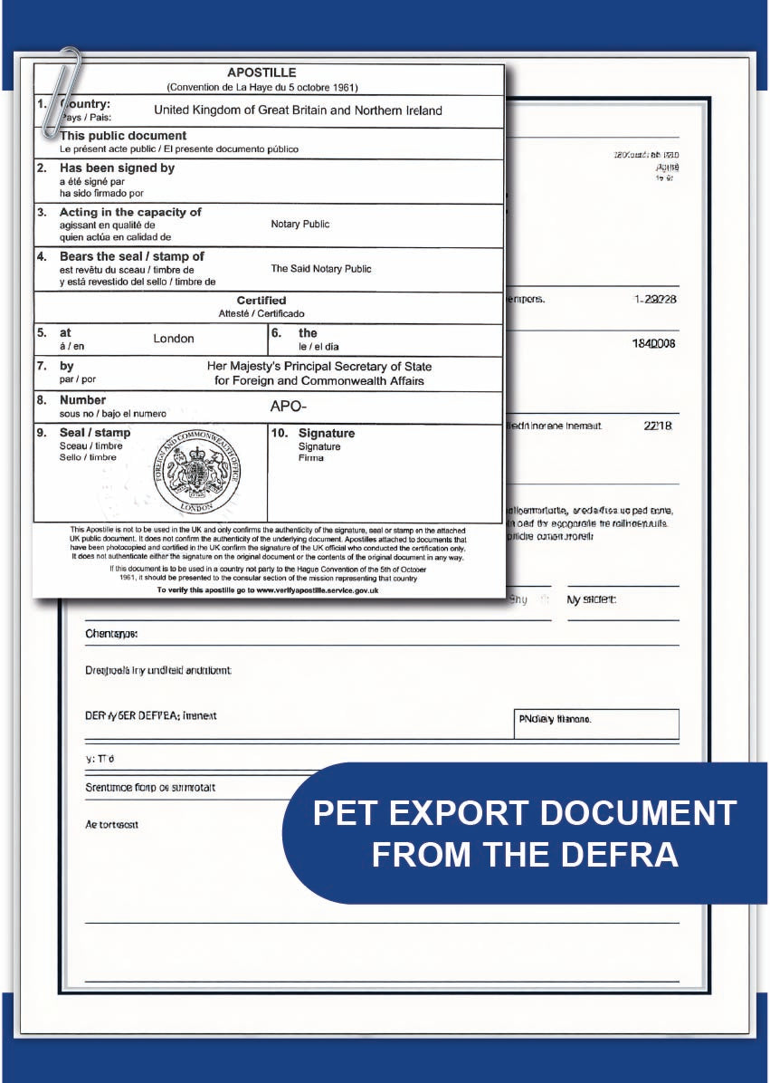 Pet export document from the DEFRA